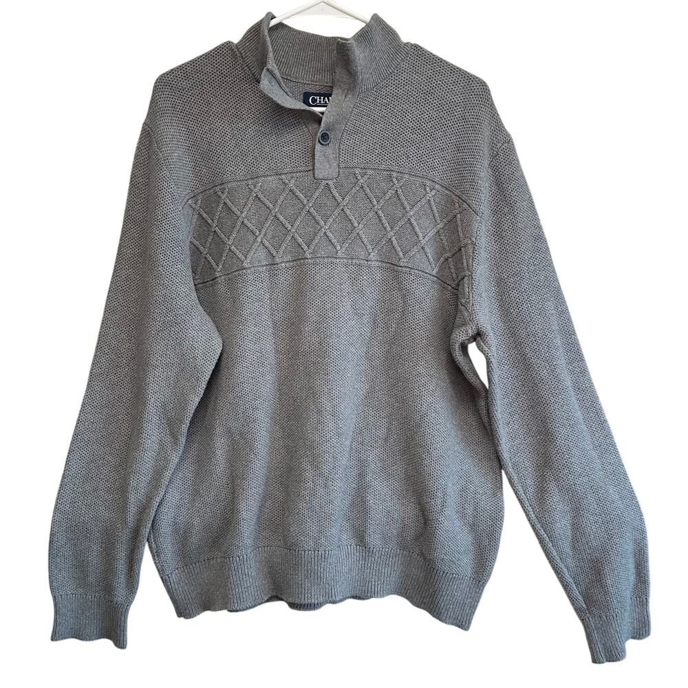 Chaps Sweater Mens XL Gray Mock‎ Neck Button Pullover Cotton Diamond Knit Preppy